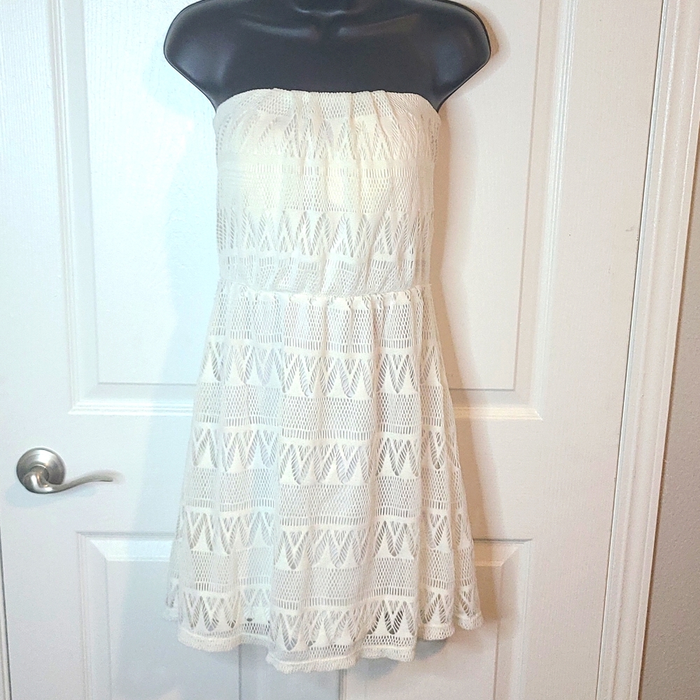 Soft White Strapless Boho Mini Dress Size Large from Almost Famous